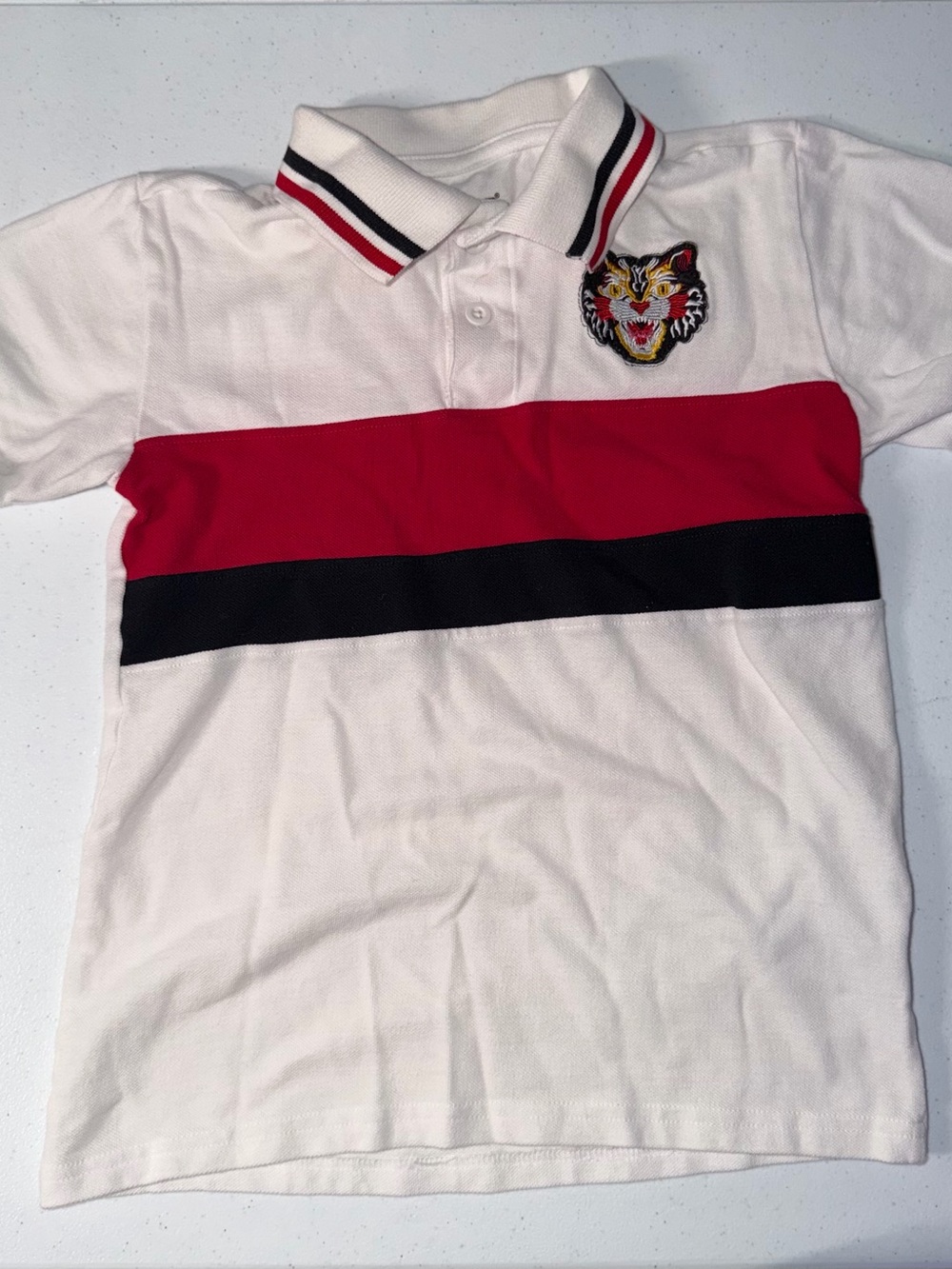 Kids White Polo with Red and Black Stripes and Tiger Patch